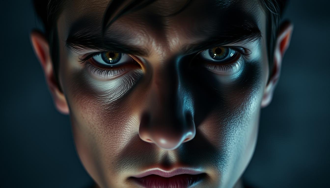 A detailed portrait of a person with three distinct eyelids, creating a striking and otherworldly appearance. The subject's gaze is intense and piercing, with a slight hint of mystery. The lighting is dramatic, casting dramatic shadows across the face, accentuating the unique features. The background is hazy and indistinct, allowing the viewer to focus solely on the mesmerizing visage. The overall composition is carefully balanced, drawing the eye to the captivating three-eyed expression. The image conveys a sense of the extraordinary, inviting the viewer to ponder the nature and implications of this unusual physiognomy.