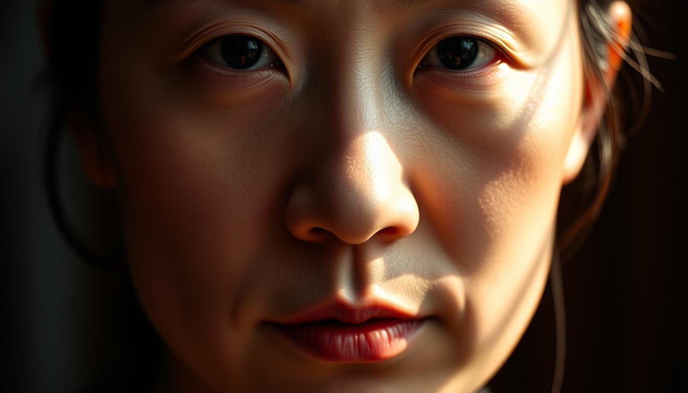 A detailed portrait of a person's facial features, showcasing the prominent nose and its distinct shape. The nose stands out as the focal point, with a pronounced bridge and wide nostrils that appear to be slightly flared, giving an expressive and distinctive look. The face is illuminated with soft, warm lighting, creating a contemplative and introspective atmosphere. The background is subtly blurred, keeping the attention on the intricate details of the nose and its contribution to the overall facial structure and character. The image captures the essence of traditional Chinese face reading, highlighting the significance of the nose's shape and position in understanding one's personality and life path.