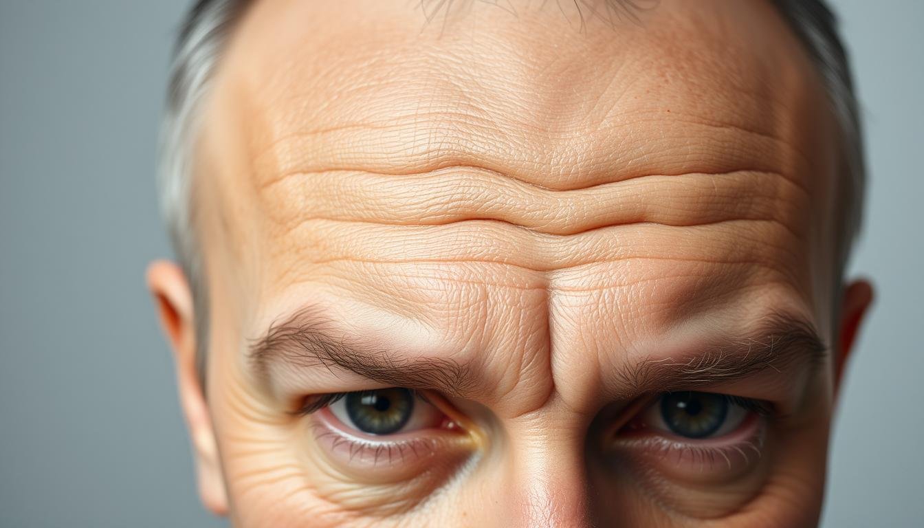 A detailed portrait of a person's forehead, examining the lines, creases, and moles on their brow. The image should have a serious, analytical tone, conveying the importance of this area in understanding one's career and future prospects. Use soft, natural lighting to highlight the subtleties of the facial features. Frame the subject in a tight, close-up composition, with a plain, neutral background that doesn't distract from the forehead itself. Render the details with a high degree of realism and clarity, as if the viewer is studying the subject's face up close. Capture a sense of thoughtfulness and introspection in the subject's expression.