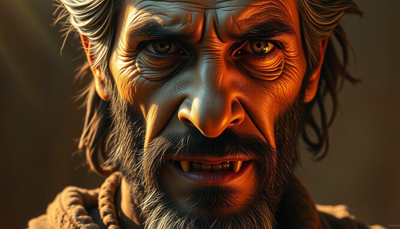 A detailed portrait of a serene, contemplative man with distinct tiger-like teeth, illuminated by warm, golden lighting. The face is framed by a rugged, weathered exterior, reflecting a lifetime of experiences. The subject's gaze is piercing yet introspective, hinting at the profound connection between his physiognomy and the unseen forces that guide his destiny. Subtly textured brushstrokes and a muted color palette evoke a sense of timelessness, as if this portrait could have been painted centuries ago. The composition balances the subject's captivating features with a minimalist background, allowing the viewer to focus on the intricate interplay between the man's physiognomy and the esoteric knowledge it contains.