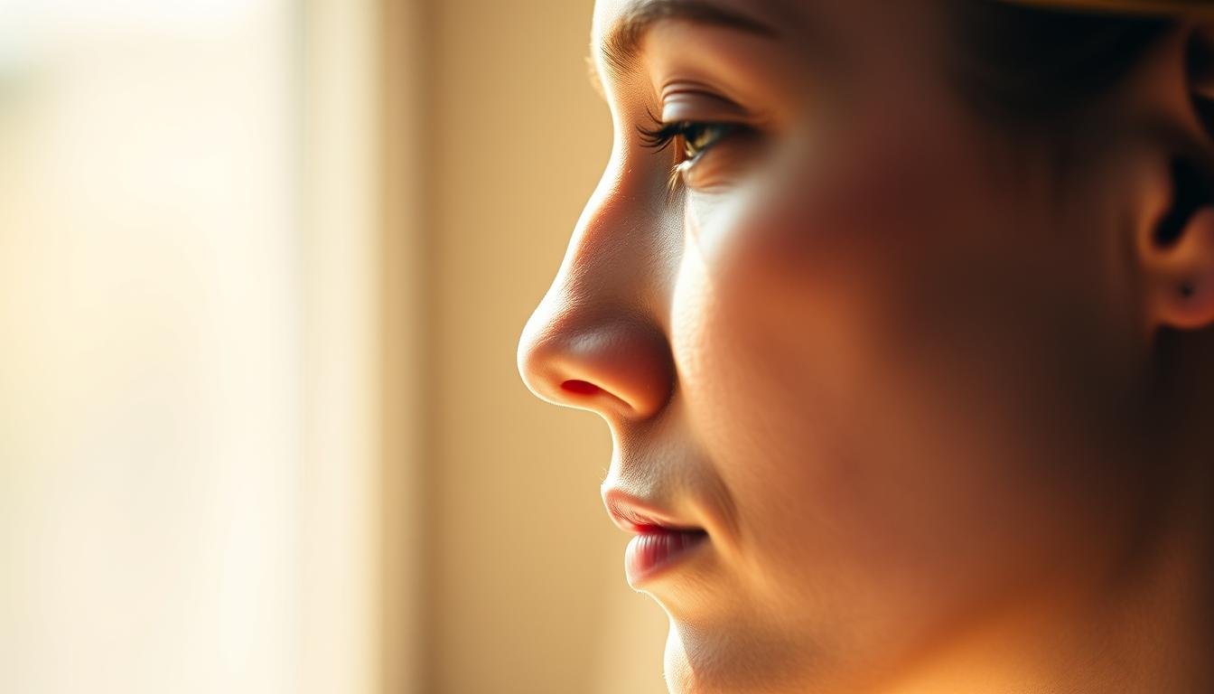 A detailed portrait of a serene, introspective face in profile. The subject's nose is the focal point, with a high, straight bridge and a rounded, refined tip. The skin is luminous, with subtle contours and a pensive expression. The background is softly blurred, allowing the face to stand out in sharp relief, lit by warm, diffuse natural light from the side. The overall mood is one of thoughtful contemplation, inviting the viewer to study the facial features and observe the insights they may hold.