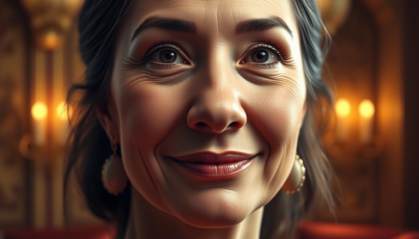 A detailed portrait of a woman with a distinctive "pig's snout" nose, symbolizing wealth and prosperity. Soft, warm lighting illuminates her face, accentuating the rounded, upturned shape of her nostrils. Her expression is serene, radiating an aura of contentment and self-assuredness. The background is a luxurious, opulent setting, hinting at the affluence and status associated with this facial feature. Rendered in a realistic, high-quality style that captures the nuances of her complexion and facial features.