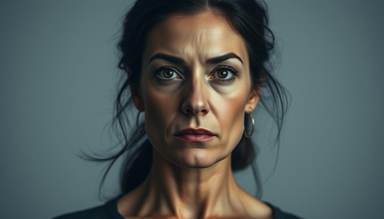 A detailed portrait of a woman with a strong, elongated chin, set against a neutral, contemplative background. Soft, diffused lighting highlights the structure of her face, casting dramatic shadows that accentuate her serious, pensive expression. Her eyes are thoughtful and direct, conveying a sense of determination and resolve. The composition is balanced, with the subject positioned centrally, allowing the viewer to focus on the key features of her face. The overall mood is one of introspection and quiet strength, reflecting the complex and multifaceted nature of her personality.