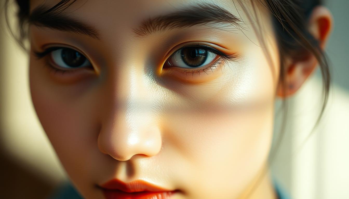 A detailed portrait of a woman's face, highlighting the features of "新月眼" and "桃花眼". The lighting is soft and diffused, creating a warm, contemplative atmosphere. The focus is on the eyes, which are the central point of interest, with the rest of the face subtly blurred in the background. The skin texture is smooth and luminous, and the facial expression is serene, reflecting the subject's introspective mood. The overall composition is balanced and harmonious, drawing the viewer's attention to the nuanced facial features that are the subject of the "面相解讀".