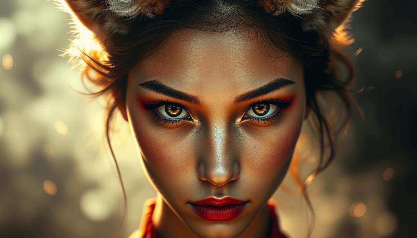 A detailed portrait of the "five key facial features" associated with the "fox spirit" archetype. The foreground depicts the subject's face in sharp focus, showcasing their captivating eyes, delicate brows, high cheekbones, full lips, and sharp chin - the hallmarks of the alluring "fox spirit" look. The middle ground blurs into a misty, dream-like background, evoking a sense of mystery and intrigue. Dramatic lighting casts dramatic shadows, creating an air of seductive magnetism. The color palette is subdued yet vibrant, with hints of gold, amber, and crimson hues that complement the subject's exotic features. The overall atmosphere is one of enchanting allure and inscrutable charm.