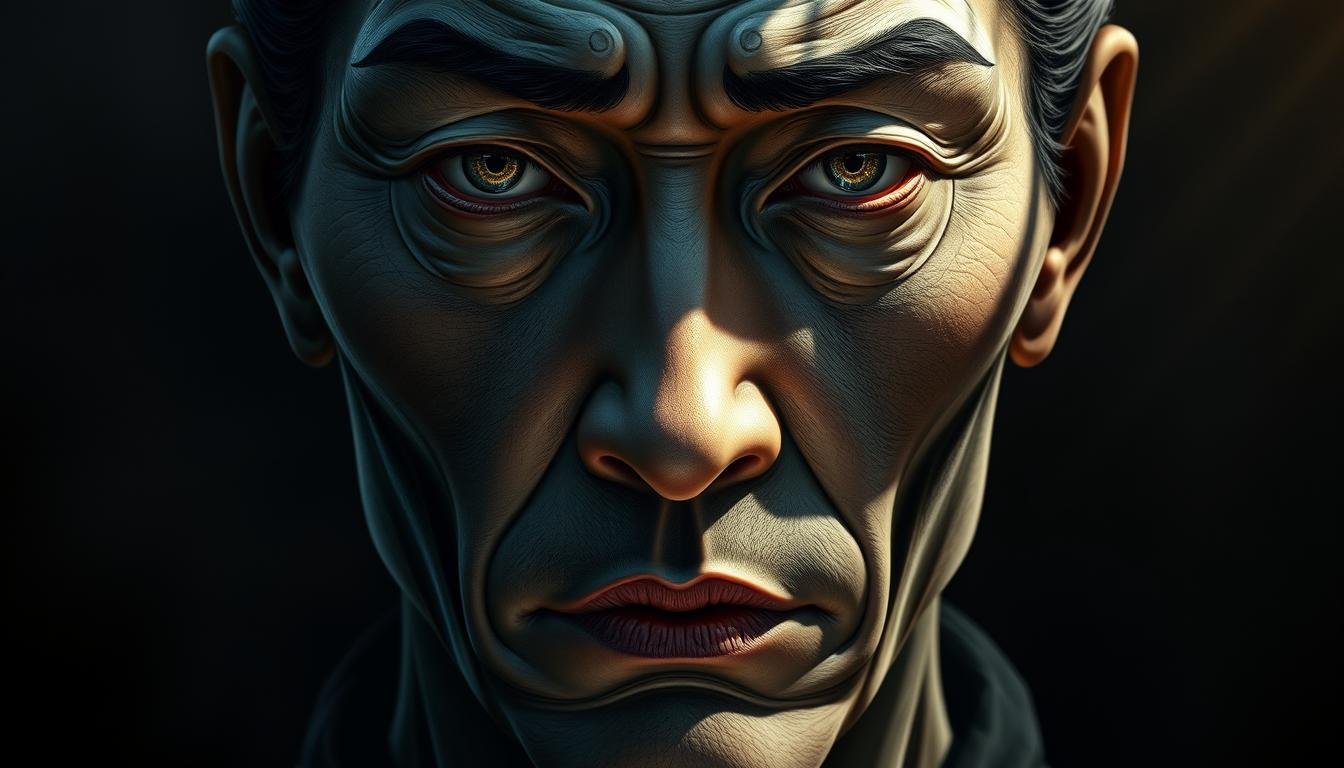A detailed portrait showcasing the deep symbolism of facial features without the telltale signs of the "sleeping silkworm" (臥蠶) formation. Dramatic lighting casts intricate shadows, illuminating the face's contours and revealing hidden layers of meaning. Penetrating eyes convey wisdom and insight, while the mouth and nose exhibit subtle nuances of character. The image exudes an aura of mysticism and contemplation, inviting the viewer to ponder the profound significance concealed within the face's unassuming appearance. Rendered with exquisite realism and attention to detail, this portrait unlocks the hidden depths of physiognomy for a compelling visual exploration of the section's subject matter.