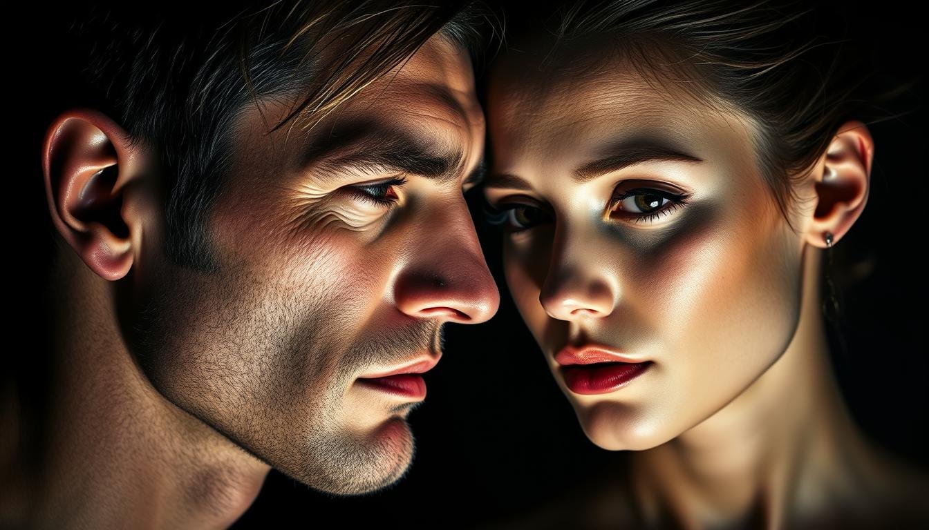 A detailed portrait showcasing the distinct facial features and mole patterns that reveal the unique destiny encoded in a person's gender. The image depicts a harmonious yet contrasting pair, with the man's rugged, angular visage complemented by the woman's softer, more delicate countenance. Subtle differences in placement, size, and number of moles accentuate the inherent yin-yang balance of masculine and feminine energies. Dramatic chiaroscuro lighting casts dramatic shadows, highlighting the mystical significance of these divinely ordained markings. The composition is balanced, with the subjects facing each other in a contemplative pose, inviting the viewer to ponder the profound insights hidden within these telltale signs of one's destiny. A detailed portrait showcasing the distinct facial features and mole patterns that reveal the unique destiny encoded in a person's gender. The image depicts a harmonious yet contrasting pair, with the man's rugged, angular visage complemented by the woman's softer, more delicate countenance. Subtle differences in placement, size, and number of moles accentuate the inherent yin-yang balance of masculine and feminine energies. Dramatic chiaroscuro lighting casts dramatic shadows, highlighting the mystical significance of these divinely ordained markings. The composition is balanced, with the subjects facing each other in a contemplative pose, inviting the viewer to ponder the profound insights hidden within these telltale signs of one's destiny.