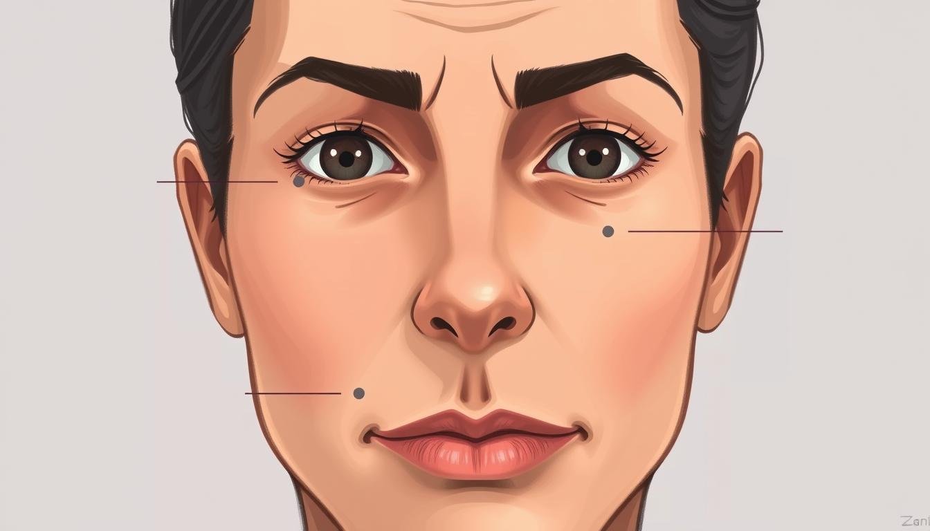 A detailed, professional-looking illustration of five key facial features that reveal someone's personality traits in the workplace. The image should depict a close-up view of a neutral, anonymous human face with distinct characteristics highlighted, such as small eyes, large forehead, pointed chin, thin lips, and a slight smirk. Use natural lighting and a soft, muted color palette to create a thoughtful, analytical atmosphere. Render the illustration with a digital painting style, utilizing detailed textures and shading to convey depth and realism. The focus should be on clearly communicating the facial analysis concept without any distracting elements.