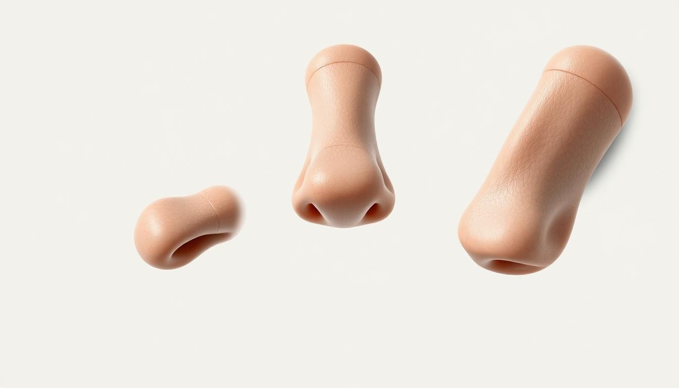 A detailed, professional-quality image of "三視角鼻型檢視" showing a close-up study of a human nose from three different angles: front, side, and angled views. The nose is the primary focus, rendered with exceptional realism and clarity, showcasing intricate details like pores, ridges, and shadows. The background is a neutral, minimalist setting that allows the nose to stand out. Soft, diffused lighting creates depth and dimension, accentuating the form and texture of the nose. The composition is carefully balanced, guiding the viewer's eye to examine the nuances of the nose shape and structure from multiple perspectives.