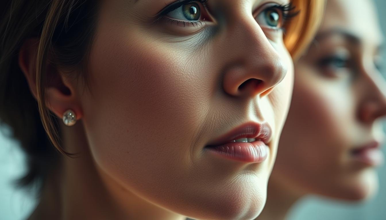 A detailed profile of a woman's face, with a pronounced, distinctive nose shape taking center stage. The nose is the focal point, captured in sharp, high-resolution detail, revealing its unique contours and angles. The lighting is soft and diffused, creating an air of introspection and analysis. The background is subtly blurred, keeping the attention firmly on the expressive facial features. The overall mood is one of thoughtful examination, as if the viewer is studying the face for insights into the subject's personality and destiny, in keeping with the theme of physiognomy. The image exudes a sense of quiet contemplation, inviting the viewer to interpret the significance of the nose shape.