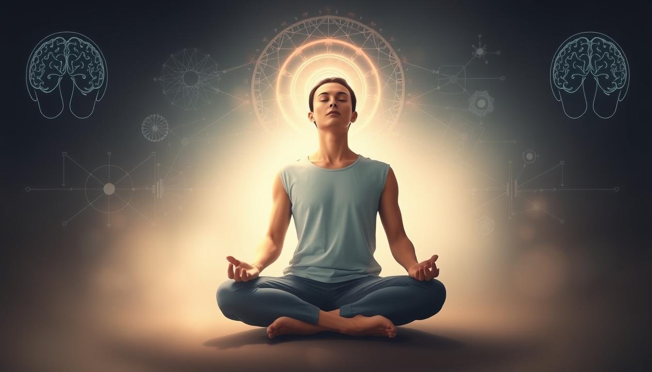 A detailed, scientifically-grounded illustration of "前額葉 功能訓練" showcasing the importance of forehead physiology in shaping one's destiny. Capture a serene, contemplative atmosphere with soft, diffused lighting illuminating the central subject - a person sitting in a meditative pose, eyes closed, hands resting on their lap. In the background, subtly incorporate visual cues related to cognitive processing and neural activity, such as abstract neural network diagrams or brain MRI scans. The overall composition should convey a sense of focused introspection and the power of the mind to unlock one's inherent potential.