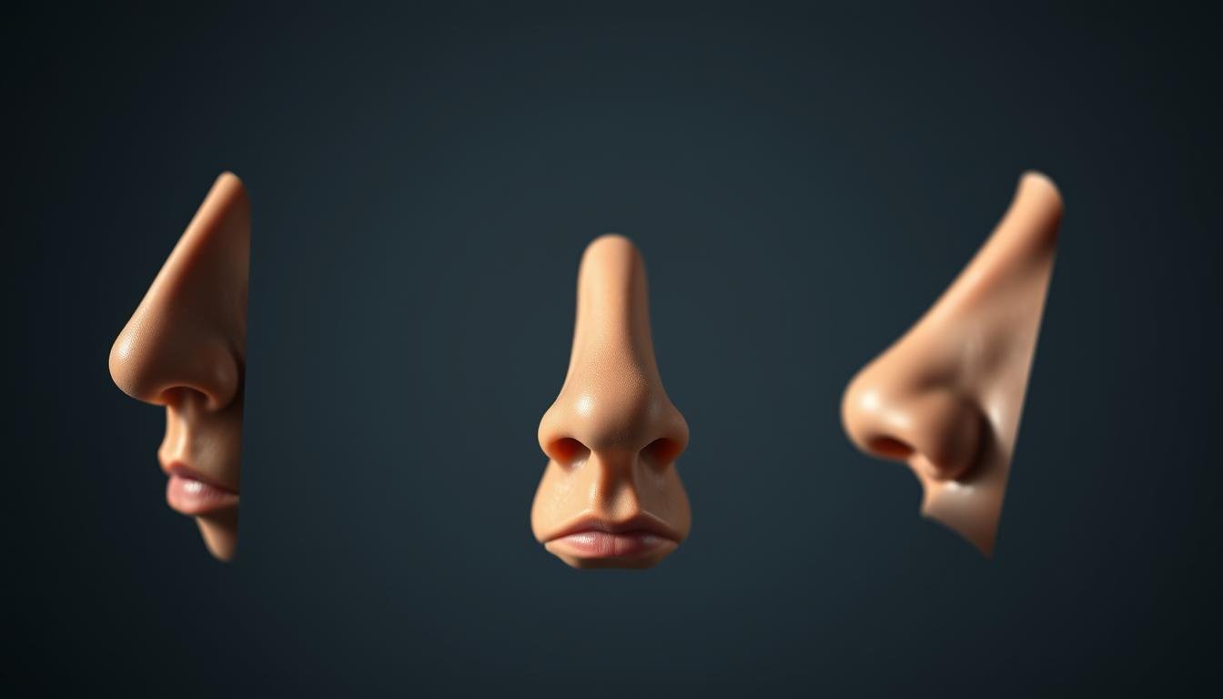 A detailed side-by-side comparison of different nose profiles, captured in a studio setting with dramatic lighting and depth of field. In the foreground, a high-bridged, aquiline nose stands tall, its sharp contours elegantly illuminated. In the middle ground, a shorter, button-like nose emerges, its rounded shape casting soft shadows. In the background, a flatter, more upturned "garlic" nose appears, its unique form complementing the other profiles. The image conveys a sense of scientific study, highlighting the distinct characteristics and variations of these common nasal structures.