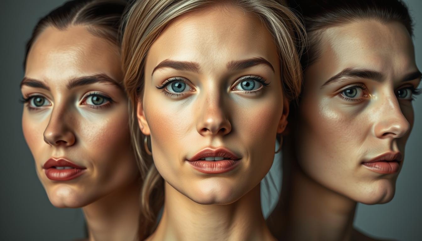 A detailed side-by-side comparison of three distinct facial shapes - round, oval, and square - captured under soft, diffused lighting with a medium-wide lens. The round face occupies the central focus, its full cheeks and jawline highlighted by elegant shadows. Flanking it, the oval and square faces offer striking contrasts in bone structure and angles. The composition emphasizes the nuanced differences between these archetypes, inviting the viewer to closely examine the unique features that define each face type. An analytical, yet visually captivating study of physiognomy that illuminates the insights hidden within the contours of the human visage.