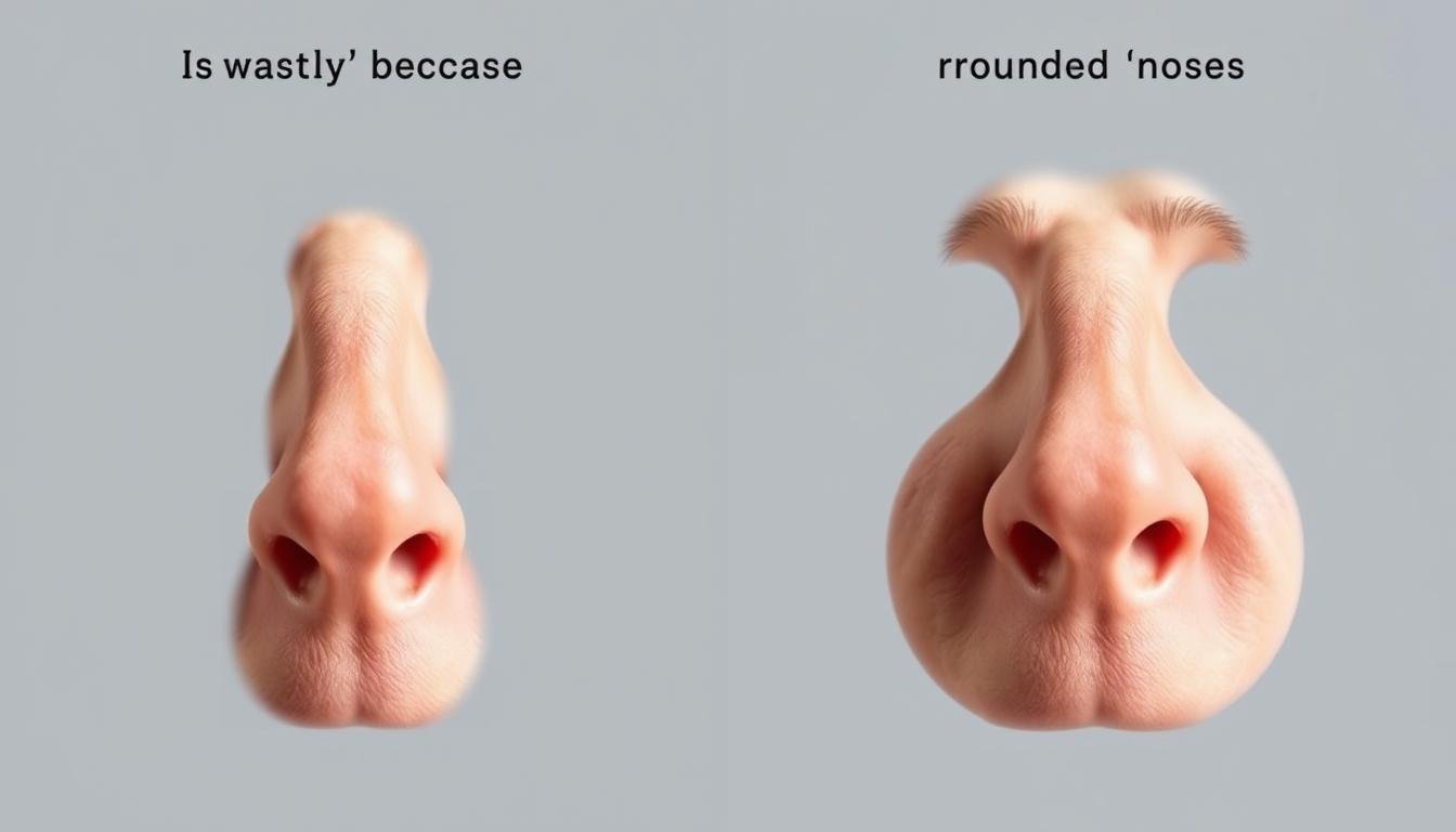 A detailed side-by-side comparison of two distinct nose shapes: the downward-sloping "drooping" nose and the rounded "garlic" nose. The image should convey a sense of clinical analysis, highlighting the subtle differences in their features and implications for personality and fortune. Soft, even lighting illuminates the noses from the front, captured at a slightly high angle to accentuate their profiles. The background is a neutral, muted tone, allowing the noses to be the central focus. The overall mood is one of thoughtful contemplation, inviting the viewer to closely examine the nuances of these contrasting nasal archetypes.