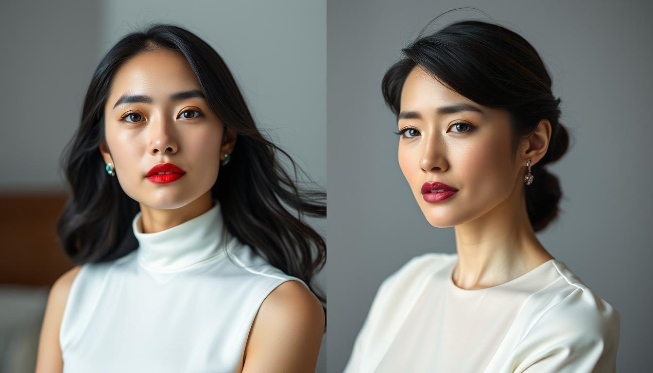 A detailed side-by-side portrait of Cecilia Cheung and Liza Wang, two prominent Hong Kong socialites. Capture the striking contrast between their facial features and expressions - Cecilia's refined, delicate beauty juxtaposed with Liza's more commanding, mature presence. Use soft, diffused lighting to accentuate their distinct yet complementary auras. Compose the image with a clean, minimalist background, allowing the two subjects to command the frame. Convey a sense of studied observation, as if analyzing the nuances that shape their contrasting paths to success and societal influence.