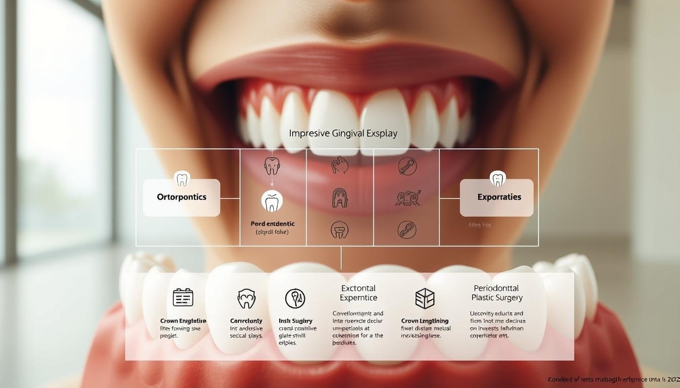 A detailed strategic map illustrating various approaches to improve gingival exposure, from conservative dental treatments to surgical interventions. The foreground showcases a close-up of human teeth and gums, highlighting the issue of excessive gingival display. The middle ground features a grid-like layout with icons and descriptive text outlining different improvement strategies, such as orthodontics, crown lengthening, and periodontal plastic surgery. The background depicts a serene, minimalist environment with soft lighting and muted tones, creating a contemplative atmosphere for the viewer to explore the available solutions.