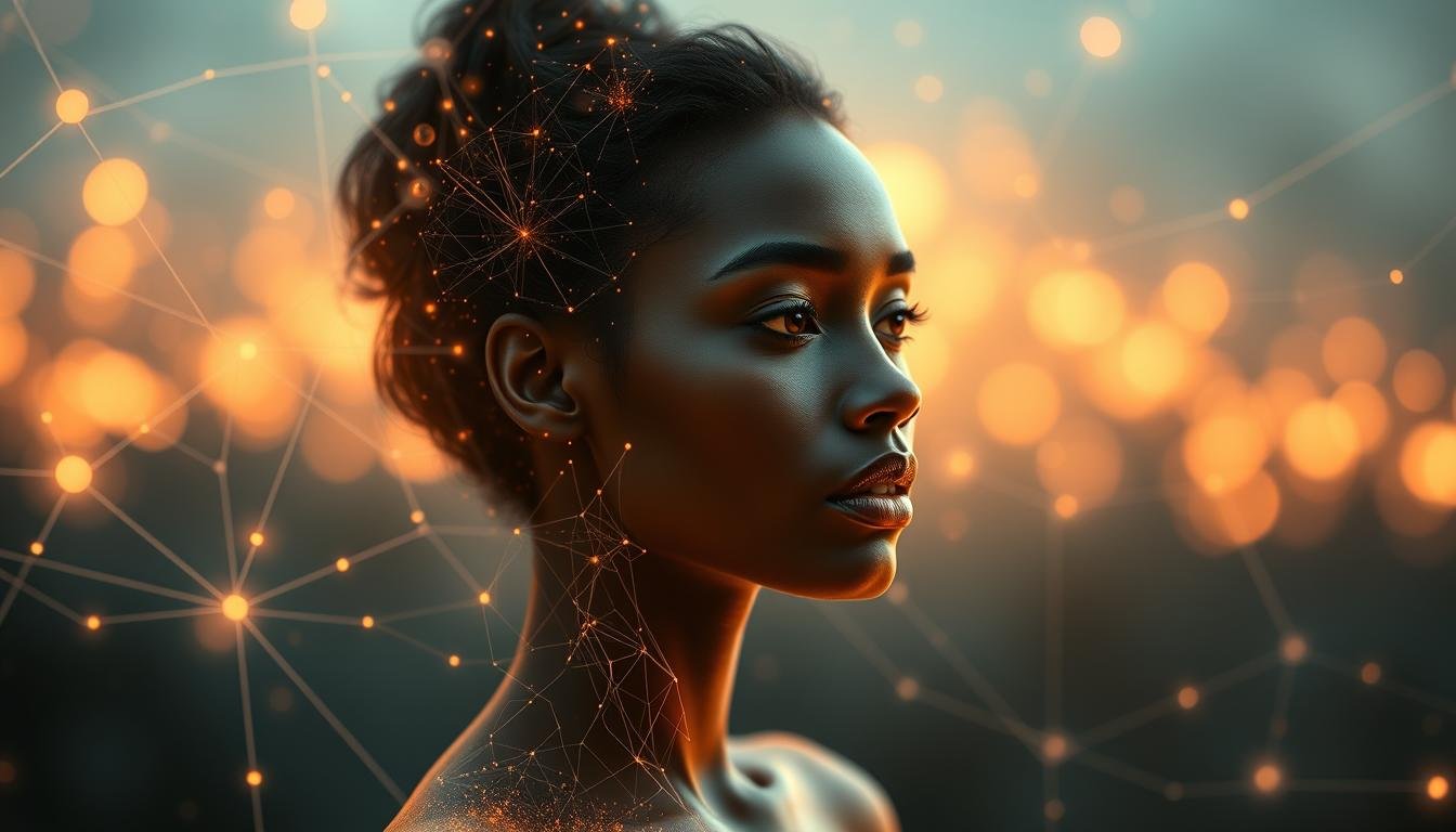 A detailed, visually striking analysis of the advantages of interpersonal relationships, depicted through a mesmerizing composition. In the foreground, an elegant, ethereal figure embodying the essence of "gueye-faced" physiognomy, radiating warmth and connection. The middle ground showcases delicate, interwoven lines and shapes, symbolizing the intricate web of human bonds. The background is a captivating blend of soft, ambient lighting and subtle, abstract textures, creating a serene, contemplative atmosphere. The overall scene conveys a sense of harmony, balance, and the profound impact of interpersonal dynamics on personal growth and fulfillment.
