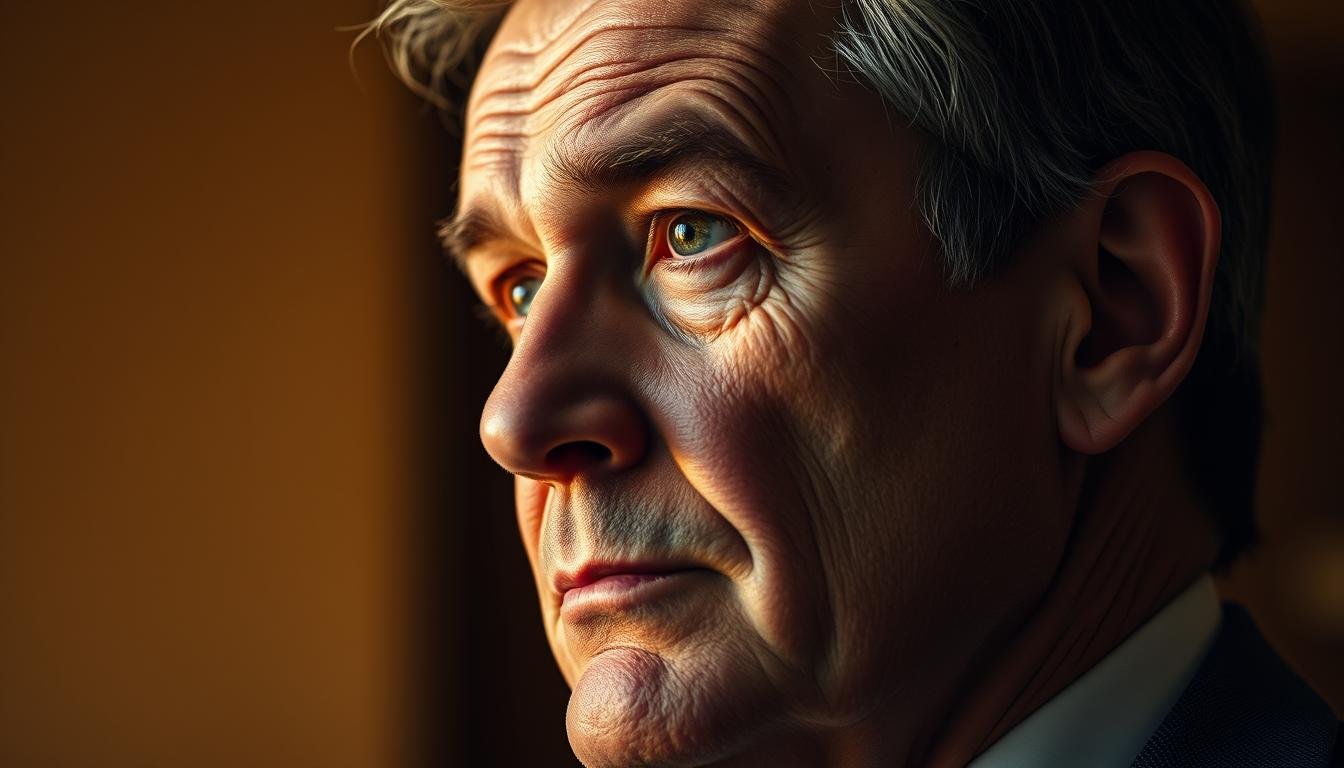 A dignified middle-aged man gazing thoughtfully into the distance, his face illuminated by warm, diffuse lighting. Distinct lines and grooves adorn his forehead, a testament to his life experiences and inner strength. The scene conveys a sense of contemplation and self-assurance, reflecting the subject's capacity for discipline, determination, and professional accomplishment. Captured from a slightly elevated angle, the composition emphasizes the man's poise and authority. The background is softly blurred, placing the focus entirely on the captivating countenance and its intricate physiognomic details. A dignified middle-aged man gazing thoughtfully into the distance, his face illuminated by warm, diffuse lighting. Distinct lines and grooves adorn his forehead, a testament to his life experiences and inner strength. The scene conveys a sense of contemplation and self-assurance, reflecting the subject's capacity for discipline, determination, and professional accomplishment. Captured from a slightly elevated angle, the composition emphasizes the man's poise and authority. The background is softly blurred, placing the focus entirely on the captivating countenance and its intricate physiognomic details.