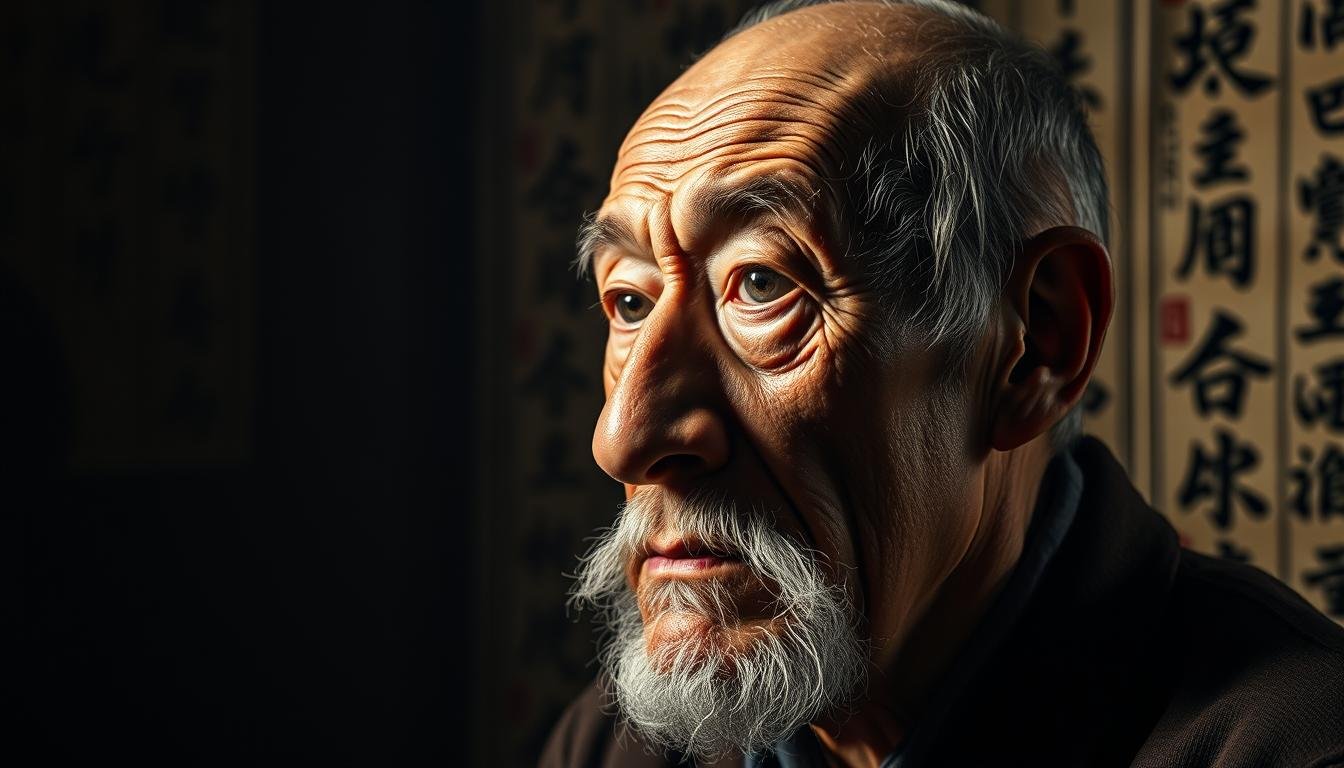 A dimly lit, atmospheric scene showcasing the historical and cultural significance of the hooked nose in traditional Eastern physiognomy. In the foreground, a close-up portrait of an elderly wise man with prominent, aquiline features, his weathered face radiating contemplation and insight. Behind him, a tapestry of intricate, ink-brush patterns and calligraphic elements evokes the rich tapestry of cultural memory and scholarly tradition. The lighting casts dramatic shadows, emphasizing the angular, striking profile, while a hazy, ethereal background suggests the timeless, mystical nature of this ancient practice of face reading and its enduring impact on perceptions of character and destiny.