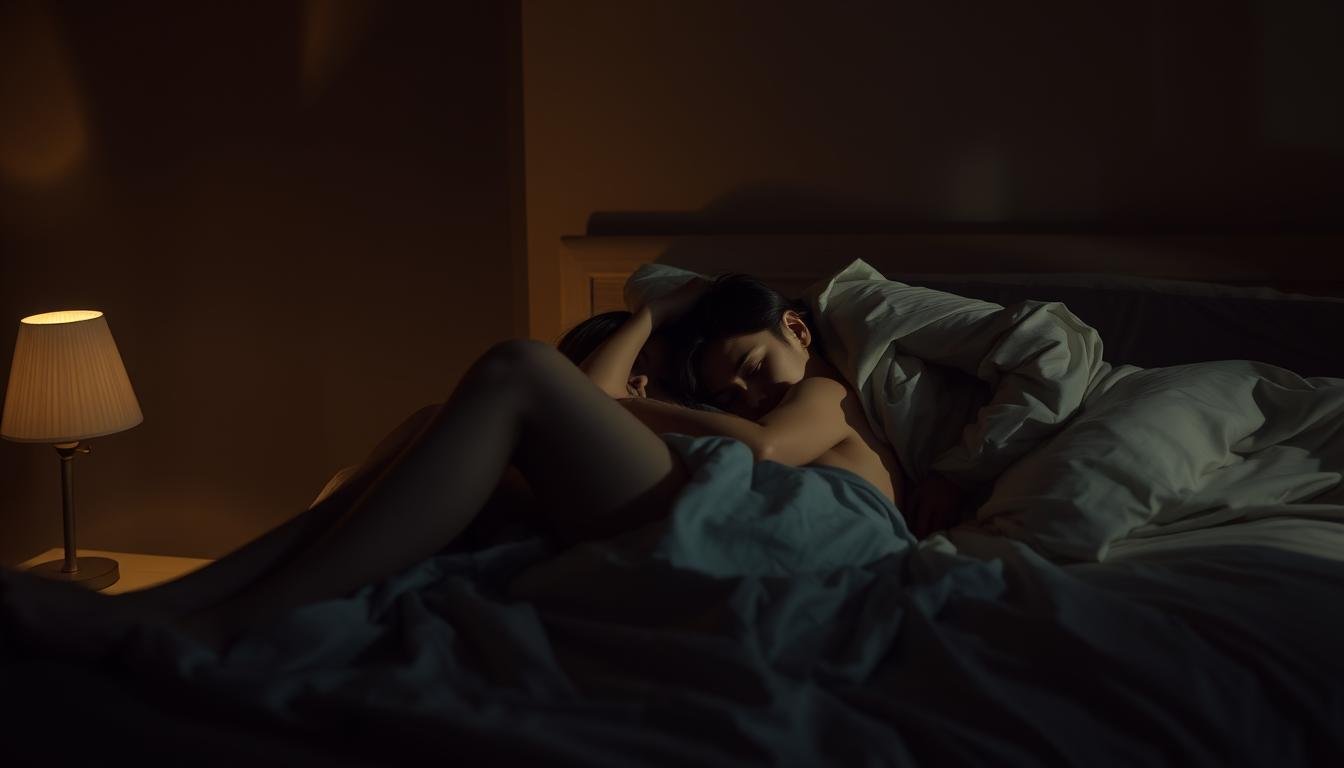 A dimly lit bedroom, the soft glow of a bedside lamp casting shadows on the walls. In the foreground, two figures lie intertwined, their bodies partially obscured by silken sheets. Their expressions convey a complex mix of desire, guilt, and longing. The middle ground reveals a sense of intimacy and emotional turmoil, while the background fades into hazy uncertainty, alluding to the precariousness of their situation. The lighting is warm and moody, creating an atmosphere of sensuality and inner conflict. The overall scene captures the essence of the "偷情" phenomenon, the simultaneous pull of illicit passion and the anguish of betrayal.