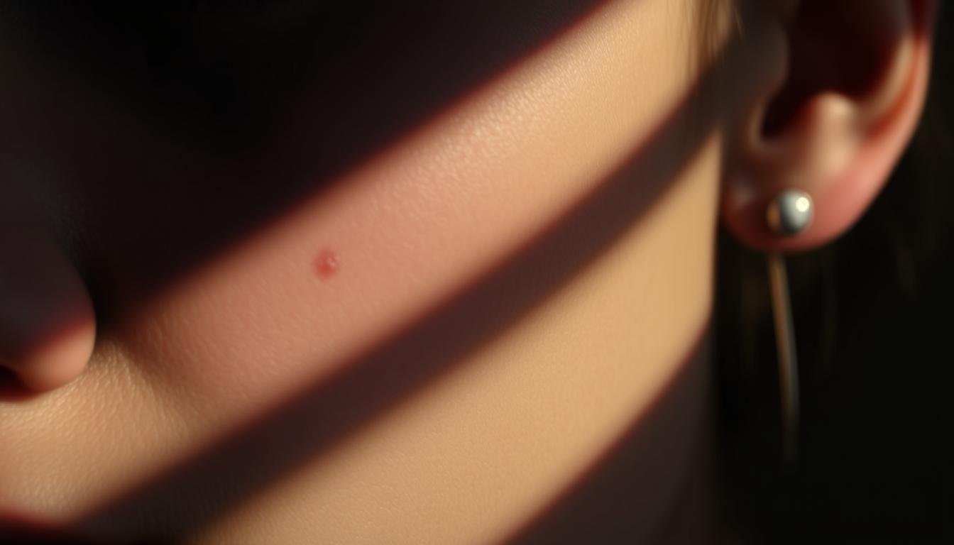 A dimly lit close-up of a person's face, accentuating the subtle textures and contours of their skin. The focal point is a single mole or beauty mark on the cheek, highlighted by soft, natural lighting that casts a warm, introspective mood. The background is blurred, drawing the viewer's attention to the delicate details of the skin and the significance of this particular feature. The image conveys a sense of intrigue and fascination with the subject's unique physical characteristics, hinting at the deeper meanings and implications explored in the article.