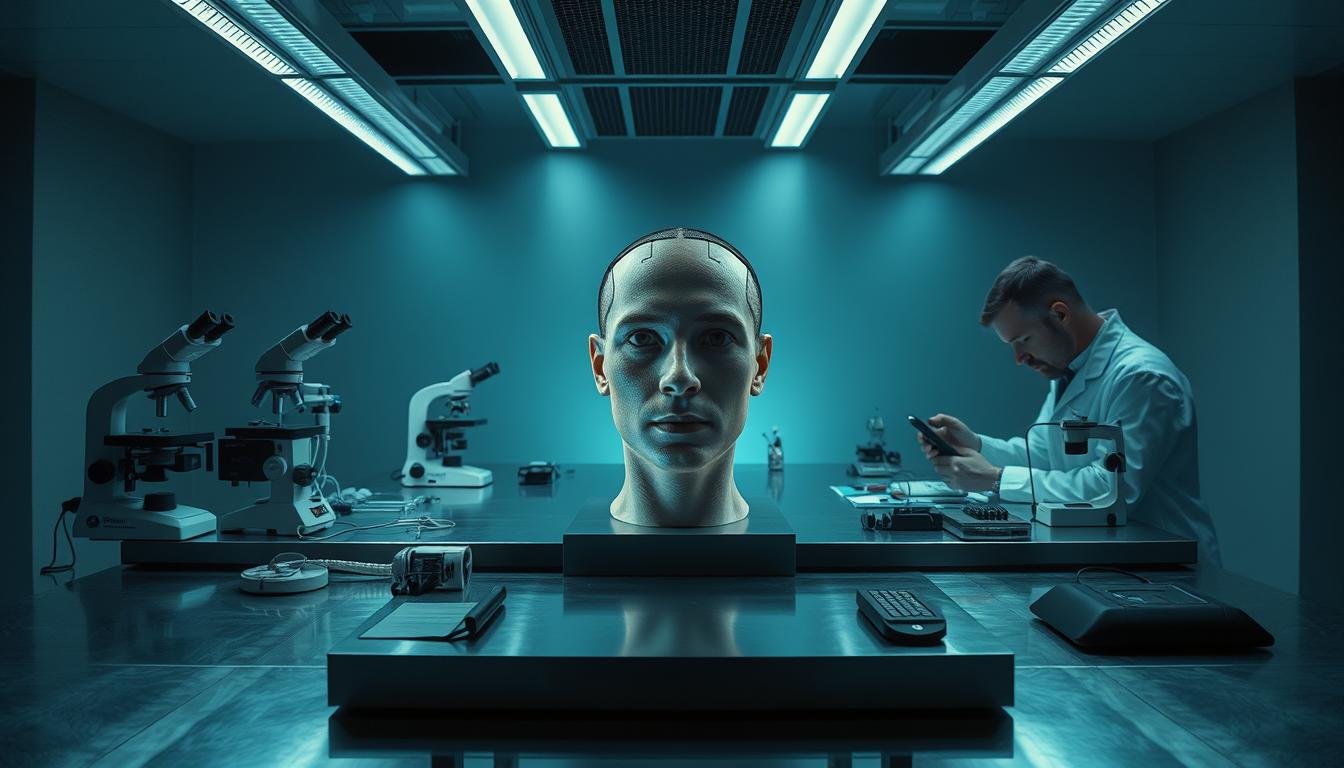 A dimly lit, modern laboratory setting. On a sleek, stainless steel table, an array of scientific instruments and equipment - microscopes, electroencephalographs, and other advanced technologies. In the center, a human face, its features illuminated by precise, directional lighting, undergoing careful examination and analysis. The atmosphere is one of serious, methodical inquiry, as researchers in white lab coats pore over their findings, seeking to uncover the scientific truths behind the ancient art of physiognomy. The background is a muted, neutral tone, allowing the central focus to remain on the investigative process itself, a testament to the ongoing effort to blend traditional knowledge with modern, empirical validation.