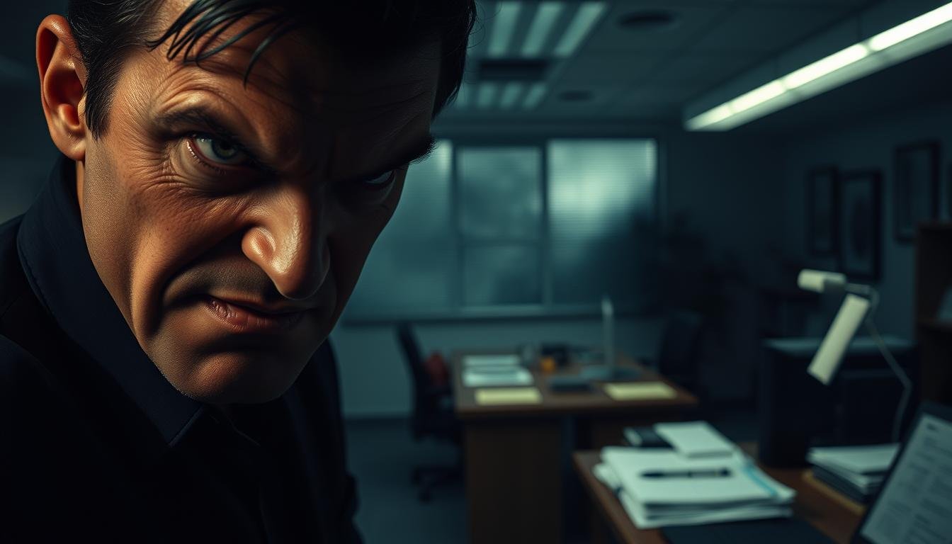 A dimly lit office workspace, the air thick with tension. In the foreground, a figure with a sinister gaze, eyes narrowed and lips curled in a malevolent sneer, embodying the "small person" archetype. The middle ground reveals a desk, meticulously organized, hinting at a facade of professionalism. In the background, a subtle distortion in the lighting, casting ominous shadows that suggest the unseen forces at play. The overall mood is one of unease and apprehension, reflecting the "workplace feng shui" theme and the need to navigate the hidden dangers of office politics. A dimly lit office workspace, the air thick with tension. In the foreground, a figure with a sinister gaze, eyes narrowed and lips curled in a malevolent sneer, embodying the "small person" archetype. The middle ground reveals a desk, meticulously organized, hinting at a facade of professionalism. In the background, a subtle distortion in the lighting, casting ominous shadows that suggest the unseen forces at play. The overall mood is one of unease and apprehension, reflecting the "workplace feng shui" theme and the need to navigate the hidden dangers of office politics.