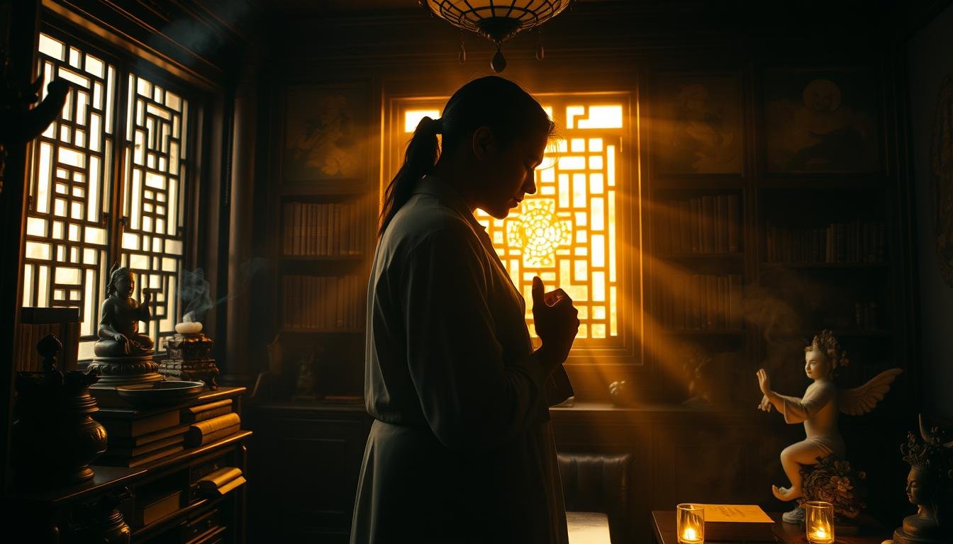 A dimly lit, ornate Chinese study filled with ancient tomes, jade figurines, and incense smoke. In the center, two intertwined figures emerge from the shadows, their faces merging into a single, ethereal visage - the quintessential "soulmate" portrait. Warm, golden light filters in from a window, casting a mystical glow over the scene. The overall atmosphere is one of deep spiritual connection, destiny, and the esoteric forces that shape the bonds between partners. Precise camera angles and a cinematic, chiaroscuro lighting style enhance the sense of timelessness and metaphysical allure.