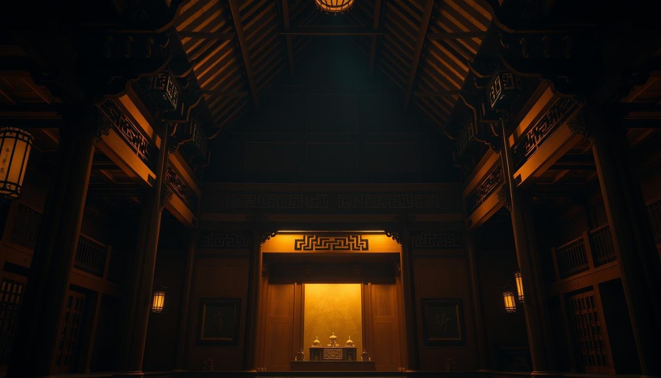 A dimly lit, ornate interior of a traditional Chinese temple or pavilion, with a central altar or shrine bathed in soft, golden light. Intricate wooden beams, carved columns, and ornate decorative elements fill the frame, creating a sense of reverence and contemplation. The architecture features a harmonious blend of natural materials, symmetry, and elegant lines, evoking a timeless, spiritual ambiance. The scene is captured from a slightly elevated angle, allowing the viewer to appreciate the grandeur and subtle details of the "精舍光殿" (Jing She Guang Dian) setting. The overall atmosphere is one of tranquility, introspection, and the potential for deeper insights into the art of physiognomy and its connection to interpersonal relationships.
