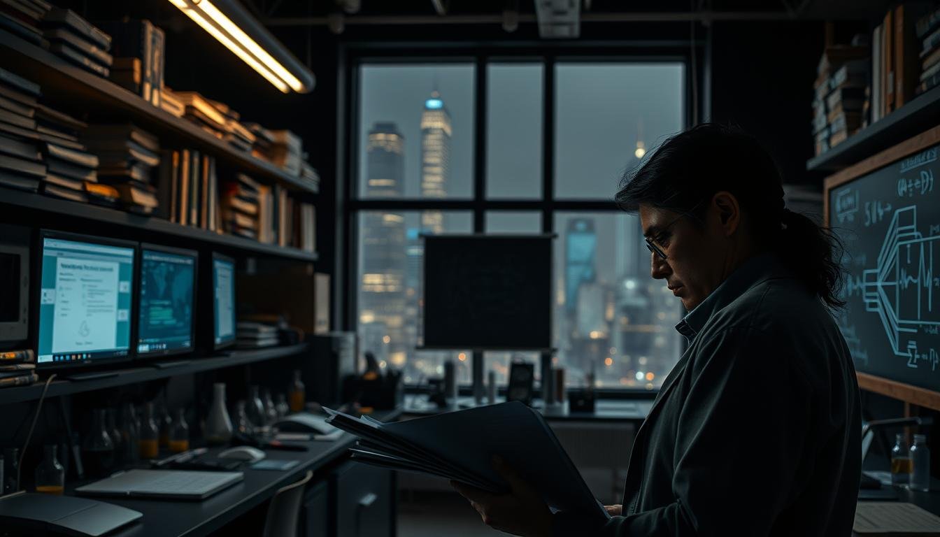 A dimly lit research laboratory, filled with the glow of computer monitors and the hum of scientific equipment. In the foreground, a researcher peers intently at a stack of papers, brow furrowed in deep contemplation. Surrounding them, shelves of reference books, beakers, and other tools of the trade create a sense of scholarly focus. The middle ground reveals a chalkboard covered in equations and diagrams, hinting at the analytical process at work. In the background, a large window offers a glimpse of the bustling city outside, suggesting the real-world implications and societal impact of the research being conducted. The scene conveys a mood of diligent inquiry, the pursuit of empirical evidence to better understand the human condition.