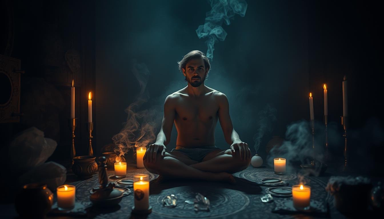A dimly lit ritual chamber, illuminated by flickering candles and the soft glow of crystals. In the center, a figure sits cross-legged, deep in contemplation, their aura radiating a mystical energy. Incense swirls through the air, creating an atmosphere of introspection and transformation. The background is shrouded in shadows, hinting at the unseen forces of the metaphysical realm. Soft, warm lighting casts dramatic shadows, highlighting the sharp features and intense expression of the central figure, who seems to be undergoing a personal image adjustment through esoteric practices. The composition is balanced and evocative, capturing the essence of the subject matter. A dimly lit ritual chamber, illuminated by flickering candles and the soft glow of crystals. In the center, a figure sits cross-legged, deep in contemplation, their aura radiating a mystical energy. Incense swirls through the air, creating an atmosphere of introspection and transformation. The background is shrouded in shadows, hinting at the unseen forces of the metaphysical realm. Soft, warm lighting casts dramatic shadows, highlighting the sharp features and intense expression of the central figure, who seems to be undergoing a personal image adjustment through esoteric practices. The composition is balanced and evocative, capturing the essence of the subject matter.