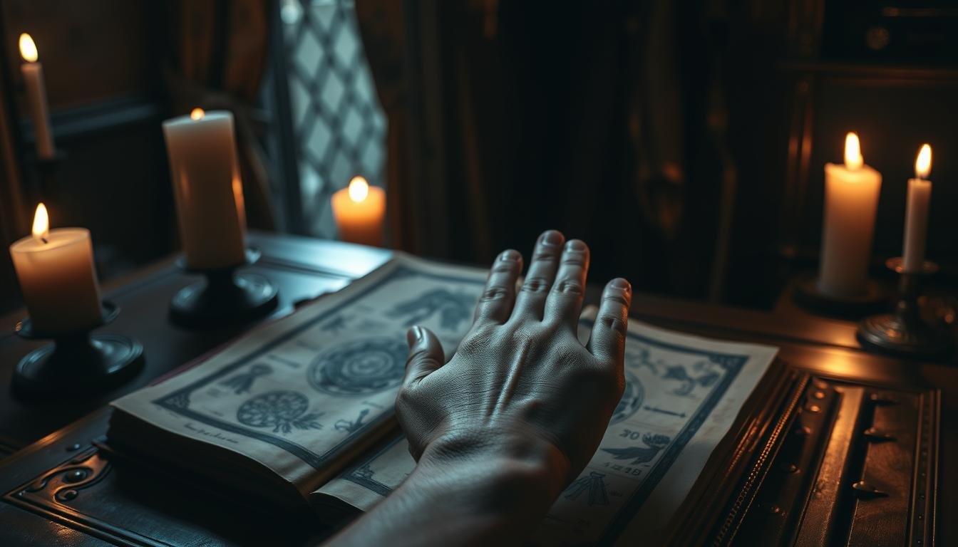 A dimly lit room, candles flickering, casting soft shadows on the walls. A weathered, leather-bound book lies open on an ornate wooden table, its pages revealing intricate diagrams and hand-drawn sketches of human palms, each marked with a unique pattern of lines and mounts. In the foreground, a pair of delicate hands gently trace the contours of one such palm, the owner's face obscured in contemplation. The atmosphere is one of mystery and quiet reverence, as if the secrets of the ages are about to be unlocked, revealing the hidden truths of destiny encoded within the lines of the skin.