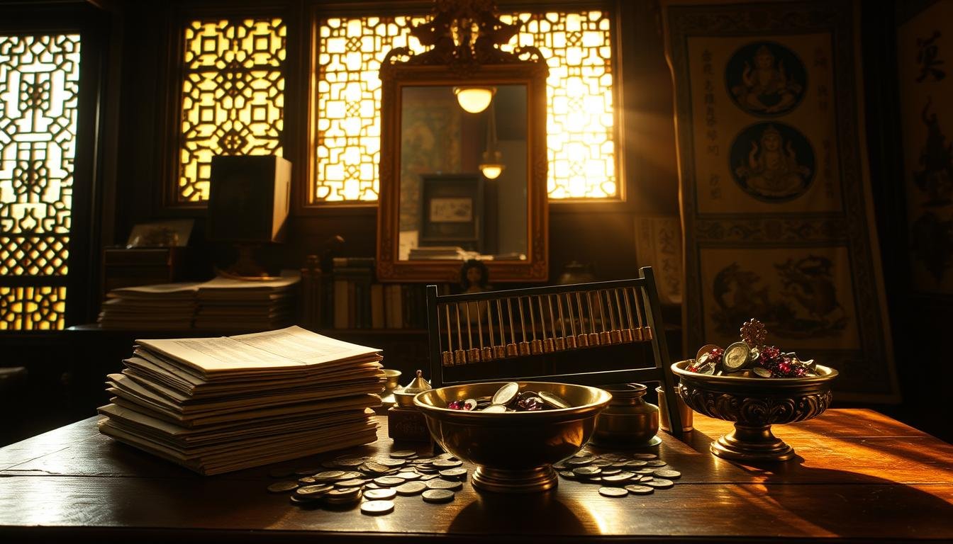 A dimly lit room, soft golden light spilling in through ornate latticed windows, casting a warm glow on a cluttered yet harmonious arrangement of objects. In the foreground, a wooden table holds various symbolic items - a stack of ancient manuscripts, a brass abacus, and a bowl overflowing with glittering coins and gemstones. Behind, a gilt-framed mirror reflects the scene, creating a sense of depth and introspection. The walls are adorned with calligraphic scrolls and tapestries depicting auspicious imagery, hinting at the profound connection between physical wealth and spiritual well-being. An atmosphere of contemplation and quiet prosperity permeates the space, inviting the viewer to ponder the intricate interplay of life and fortune. A dimly lit room, soft golden light spilling in through ornate latticed windows, casting a warm glow on a cluttered yet harmonious arrangement of objects. In the foreground, a wooden table holds various symbolic items - a stack of ancient manuscripts, a brass abacus, and a bowl overflowing with glittering coins and gemstones. Behind, a gilt-framed mirror reflects the scene, creating a sense of depth and introspection. The walls are adorned with calligraphic scrolls and tapestries depicting auspicious imagery, hinting at the profound connection between physical wealth and spiritual well-being. An atmosphere of contemplation and quiet prosperity permeates the space, inviting the viewer to ponder the intricate interplay of life and fortune.