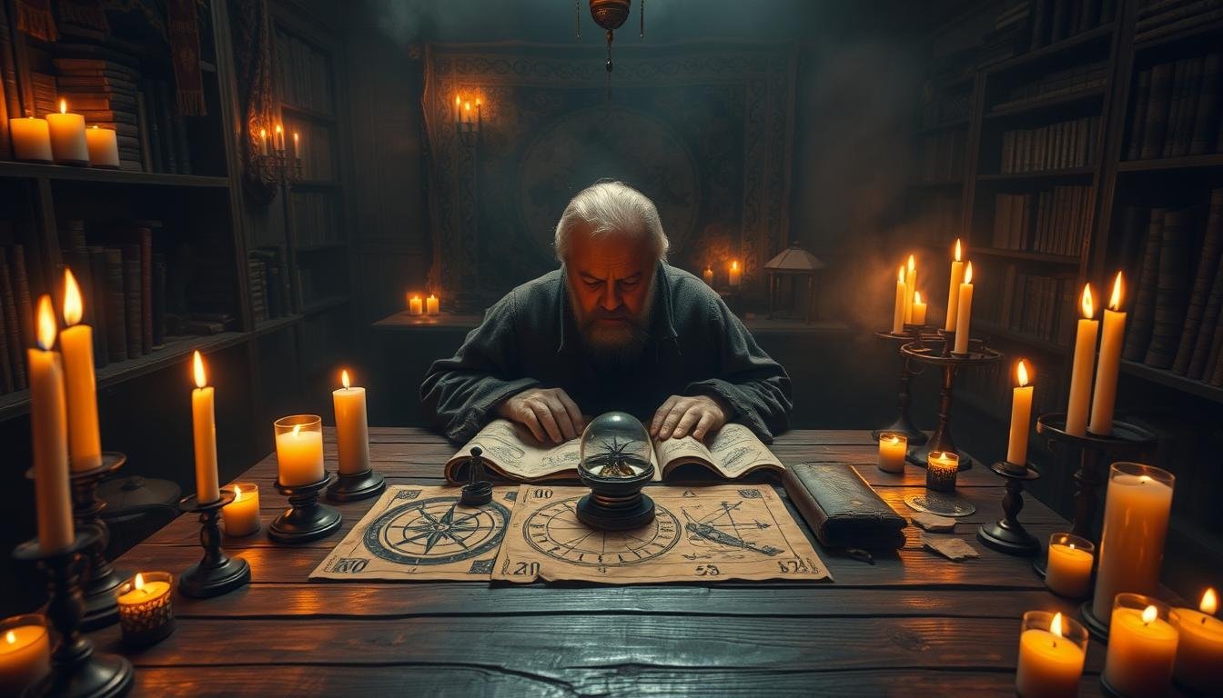A dimly lit room, the air thick with an air of contemplation. In the center, a wooden table adorned with various items - a compass, a candle, a crystal ball, and scrolls depicting ancient astrological symbols. Seated at the table, a wise and weathered figure, their face obscured in shadow, pores over the scrolls, deep in thought. Surrounding the table, an array of candles casting a warm, flickering glow, creating an air of mysticism and introspection. The walls are adorned with tapestries and shelves filled with books, hinting at the depth of knowledge and the search for answers. The overall scene conveys a sense of the study of fate, the exploration of one's path, and the pursuit of improving one's fortunes. A dimly lit room, the air thick with an air of contemplation. In the center, a wooden table adorned with various items - a compass, a candle, a crystal ball, and scrolls depicting ancient astrological symbols. Seated at the table, a wise and weathered figure, their face obscured in shadow, pores over the scrolls, deep in thought. Surrounding the table, an array of candles casting a warm, flickering glow, creating an air of mysticism and introspection. The walls are adorned with tapestries and shelves filled with books, hinting at the depth of knowledge and the search for answers. The overall scene conveys a sense of the study of fate, the exploration of one's path, and the pursuit of improving one's fortunes.
