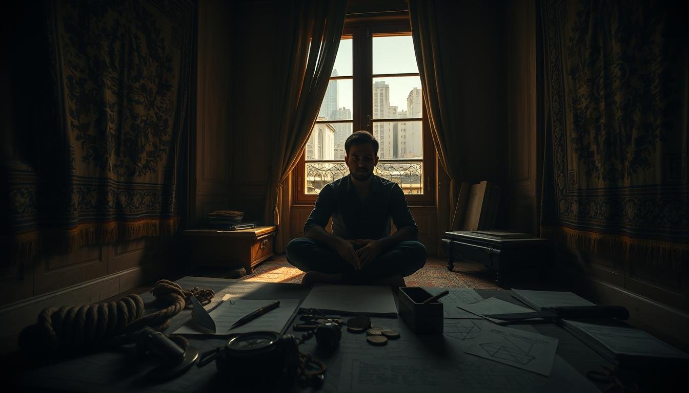 A dimly lit room, the walls adorned with weathered tapestries, casting a warm glow. In the foreground, a lone figure sits cross-legged, surrounded by an array of practical items - a sturdy knife, a coil of rope, a compass, and a small pouch of coins. Their face is hidden in the shadows, expression pensive, as they contemplate the strategies and tools needed to navigate the challenges of living with limited means. The middle ground reveals a cluttered table, with hastily scrawled notes and diagrams, hints of a plan taking shape. Beyond, the window reveals a gritty urban landscape, a reminder of the realities faced by the economically disadvantaged. The lighting is dramatic, casting long shadows and emphasizing the sense of determination and self-reliance required to survive in these circumstances.