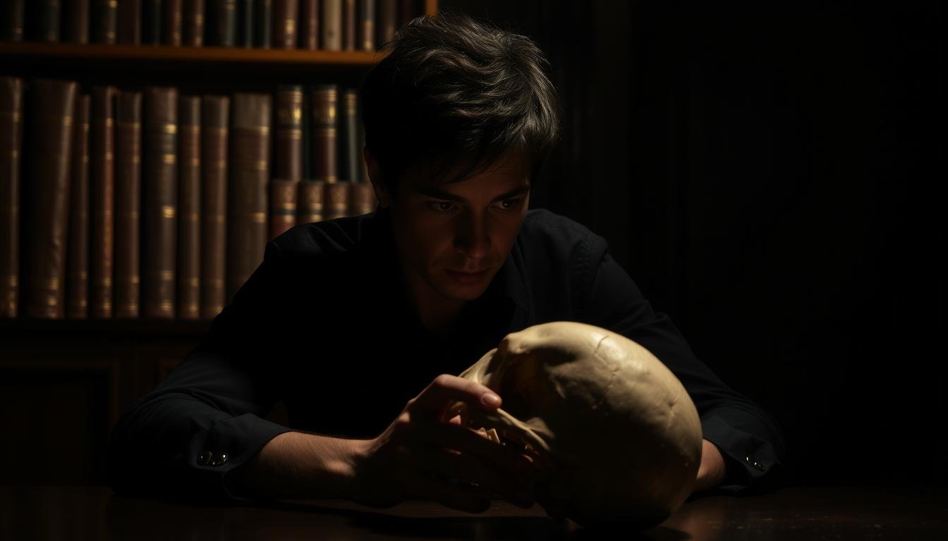 A dimly lit room with a pensive individual sitting at a table, studying the intricate details of a human skull. The subject's face is partially obscured, casting deep shadows that accentuate the sharp angles and prominent features of their bone structure. The lighting is dramatic, creating a sense of mystery and introspection. In the background, a bookshelf filled with volumes on physiognomy and human anatomy serves as a subtle nod to the intellectual nature of the scene. The overall atmosphere is one of contemplation and a deep understanding of the connection between physical characteristics and inner traits.
