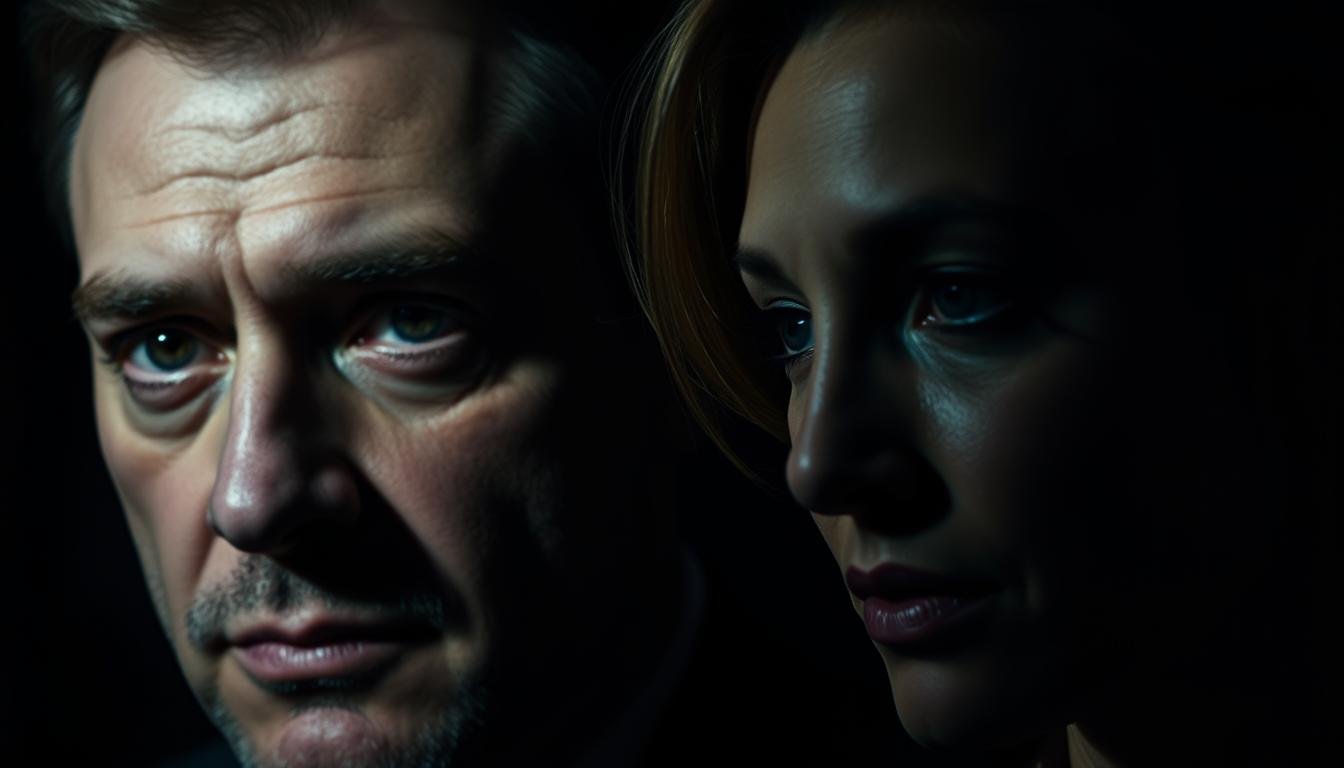A dimly lit scene showcasing the distinct facial features and expressions of a man and a woman, both with prominent foreheads. The man's expression is one of determination and focus, his gaze fixed ahead, while the woman's features are softer, her eyes conveying a more introspective, thoughtful demeanor. The lighting is subdued, creating dramatic shadows that accentuate the contours of their faces, hinting at the underlying complexities and differences in their life paths. The background is blurred, keeping the attention on the central subjects and their distinct personas. The overall atmosphere evokes a sense of exploration into the nuances of gender-based facial characteristics and their potential implications on personal and professional trajectories. A dimly lit scene showcasing the distinct facial features and expressions of a man and a woman, both with prominent foreheads. The man's expression is one of determination and focus, his gaze fixed ahead, while the woman's features are softer, her eyes conveying a more introspective, thoughtful demeanor. The lighting is subdued, creating dramatic shadows that accentuate the contours of their faces, hinting at the underlying complexities and differences in their life paths. The background is blurred, keeping the attention on the central subjects and their distinct personas. The overall atmosphere evokes a sense of exploration into the nuances of gender-based facial characteristics and their potential implications on personal and professional trajectories.