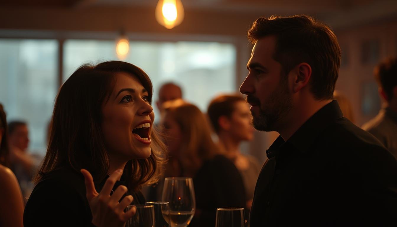 A dimly lit social gathering, with two individuals engaged in deep conversation. In the foreground, a person with a wide, expressive mouth, their gestures animated and captivating. Across from them, another individual with a more moderate, balanced facial features, their demeanor calm and attentive. The background is softly blurred, emphasizing the magnetic connection between the two. Warm lighting casts a subtle glow, creating an atmosphere of intimacy and engagement. The overall scene conveys the dynamic interplay between the extroverted, socially adept "wide-mouthed" individual and the more poised, balanced "medium-mouthed" companion, illustrating the delicate social magnetism at play.