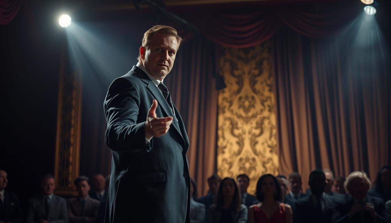 A dimly lit stage, the spotlight shines on a charismatic figure, the "Lie King," captivating his audience with a performative display of deception. The foreground showcases the protagonist in a tailored suit, gesturing dramatically, his face a mask of calculated expressions. The middle ground features a backdrop of intricate stage curtains, hinting at the theatrical nature of the setting. In the background, the audience sits in rapt attention, their faces obscured in shadow, creating a sense of mystery and intrigue. The lighting is dramatic, casting dramatic shadows and highlights, accentuating the performance's theatricality. The mood is one of magnetic allure, where the "Lie King" commands the stage, blurring the line between truth and fiction.