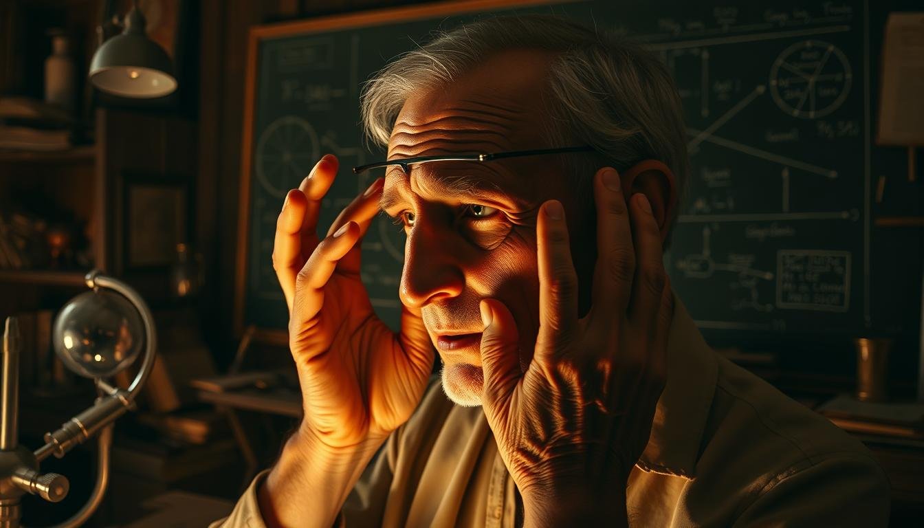 A dimly lit study filled with scientific apparatus and ancient texts. In the foreground, a pair of weathered hands carefully examining the lines and contours of a subject's face, their expression one of deep contemplation. In the background, a large chalkboard displays diagrams and equations, hinting at the intersection of ancient wisdom and modern scientific thought. Soft, warm lighting casts dramatic shadows, creating an atmosphere of scholarly introspection. The scene conveys a sense of the timeless pursuit of understanding the mysteries of the human form through empirical observation and rational analysis.