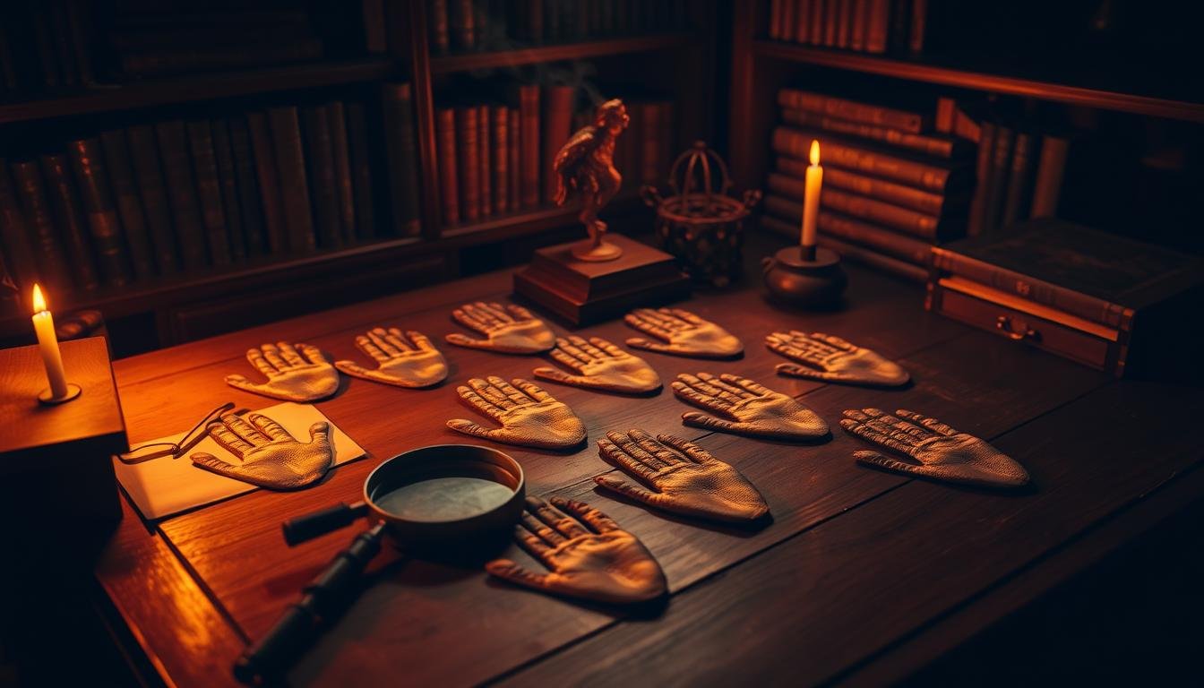 A dimly lit study room, the air thick with the scent of incense. On the wooden desk, a magnifying glass hovers over a series of meticulously arranged palm prints, each one a unique tapestry of life's stories. The scene is bathed in a warm, amber glow, casting long shadows that accentuate the intricate lines and mounds of the hands. A sense of mysticism and introspection permeates the space, as the viewer is drawn into the intimate process of analyzing the intertwining fates etched upon these delicate maps of the soul.