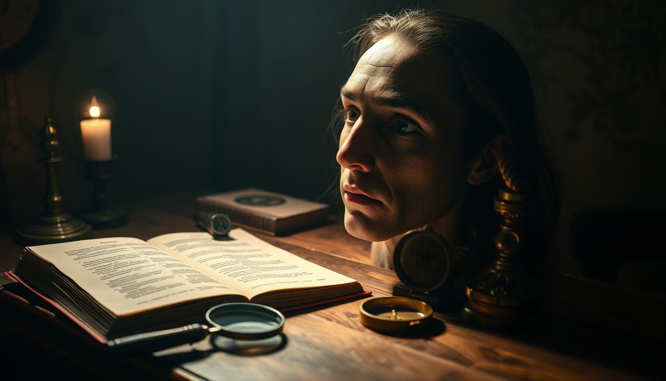A dimly lit study with a warm, contemplative atmosphere. On a wooden desk, a open book on facial features and physiognomy rests beside a magnifying glass and a small, ornate compass. The background is filled with subtle textures and hues, evoking the timeless nature of this ancient art of face reading. The lighting casts dramatic shadows, highlighting the contours and details of the face as the observer examines it closely, searching for insights into character and destiny. This scene captures the methodical, investigative process of performing a comprehensive facial analysis, a step-by-step approach to unveiling the mysteries of physiognomy.