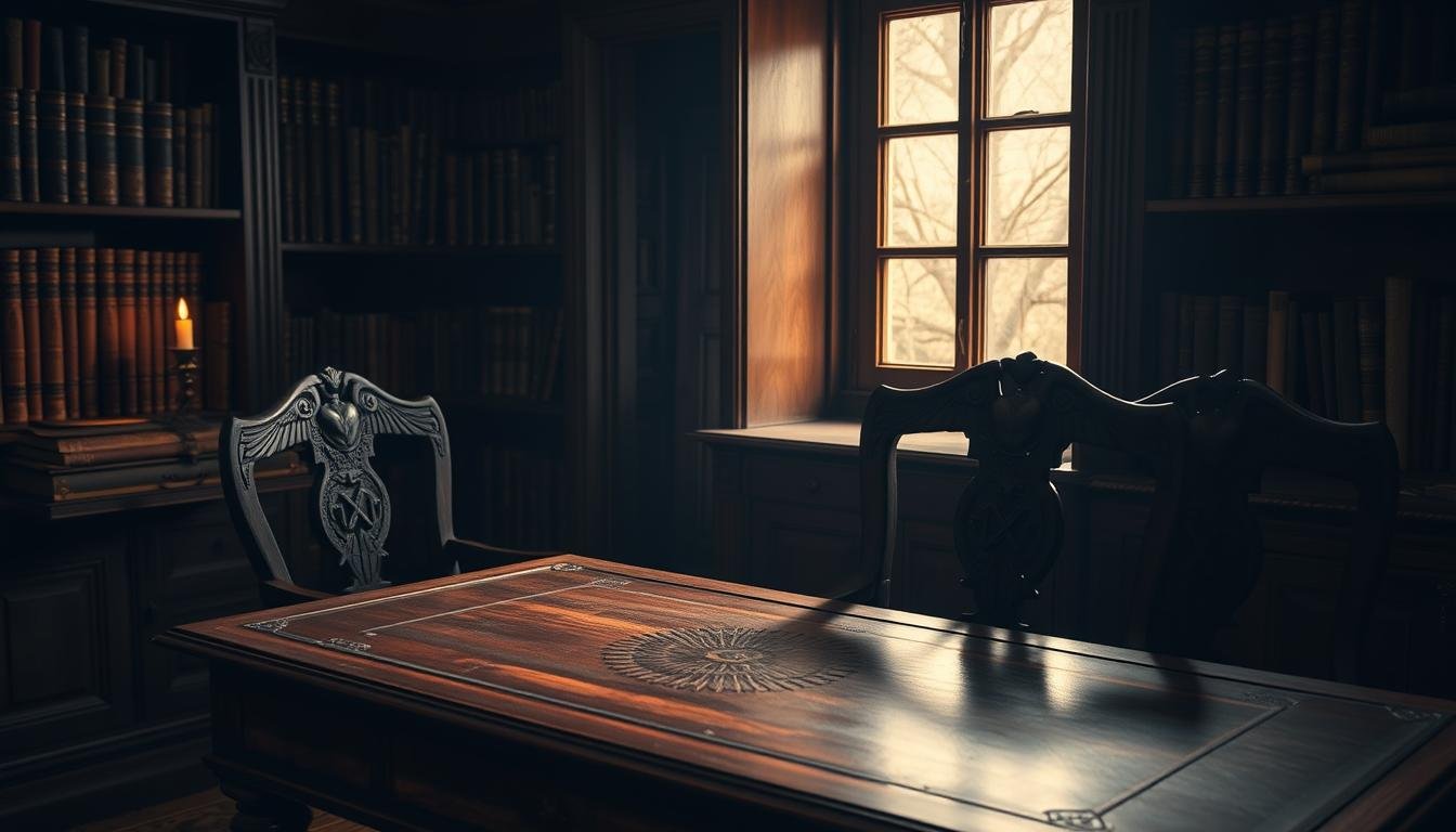 A dimly lit study with an antique wooden desk and chair, the surface adorned with intricate carvings of dual law enforcement insignia. Soft, warm lighting casts subtle shadows, hinting at the deeper symbolic meaning behind this enigmatic motif. In the background, a bookshelf filled with ancient tomes and scrolls, suggesting a wealth of knowledge and occult wisdom. The overall atmosphere is one of contemplation and mysticism, inviting the viewer to ponder the hidden connections between facial features, destiny, and the esoteric realms of the human experience.