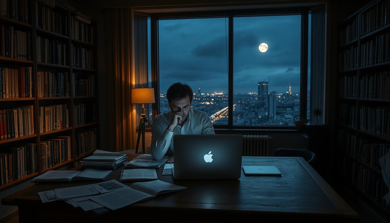 A dimly lit study with bookshelves lining the walls, a wooden desk in the foreground featuring scattered papers and a thoughtful-looking person deep in contemplation, the faint glow of a laptop screen casting a soft light. In the background, a large window offers a panoramic view of a tranquil, moonlit cityscape. The atmosphere is one of focused analysis, drawing insights from both academic resources and real-world observations. The prompt conveys a sense of expertise being applied to a complex topic, leading to practical guidance and understanding.
