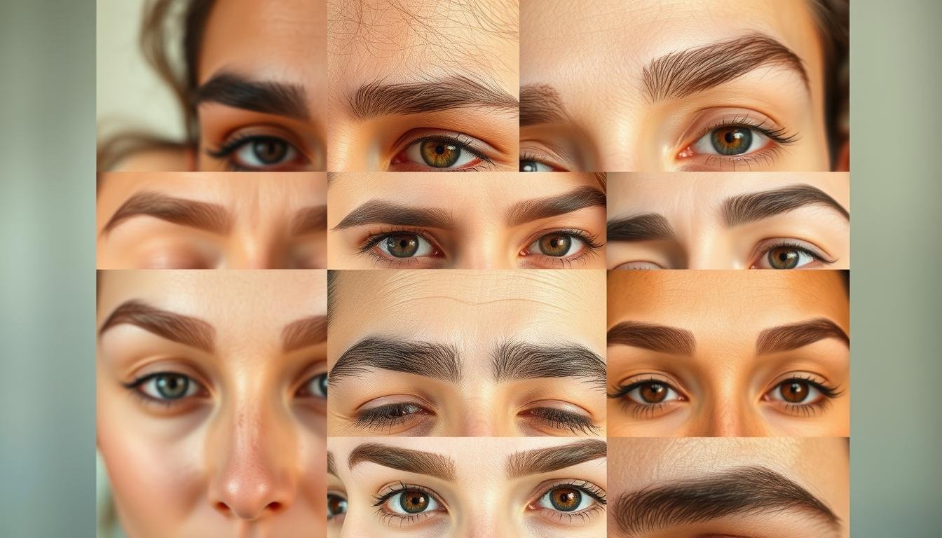 A diverse array of eyebrows, each with a unique shape, arch, and texture, captured in a high-resolution, hyper-realistic portrait. The subjects are set against a softly blurred, neutral background that allows the nuanced details of the brows to take center stage. Warm, natural lighting gently sculpts the planes of the face, accentuating the individuality and expressiveness of the eyebrows. The composition is carefully balanced, drawing the viewer's eye to examine the intricate variety of brow forms. This image aims to illustrate the rich diversity of facial features that contribute to the ancient art of physiognomy.