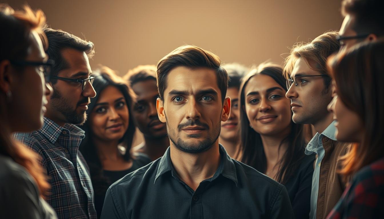 A diverse group of individuals, both male and female, gathered around a central figure with a distinctly angular, square-shaped face. The scene is bathed in a warm, ambient light, creating a contemplative and insightful atmosphere. The group members are engaged in lively discussion, their expressions ranging from thoughtful to curious, as they consider the unique characteristics and potential of the central figure. The composition is balanced, with the group members arranged in a natural, organic manner, creating a sense of depth and perspective. The overall image aims to convey the multifaceted perspectives and diverse opinions surrounding the concept of "Dcard" and the "square-faced" male archetype within the social sphere.
