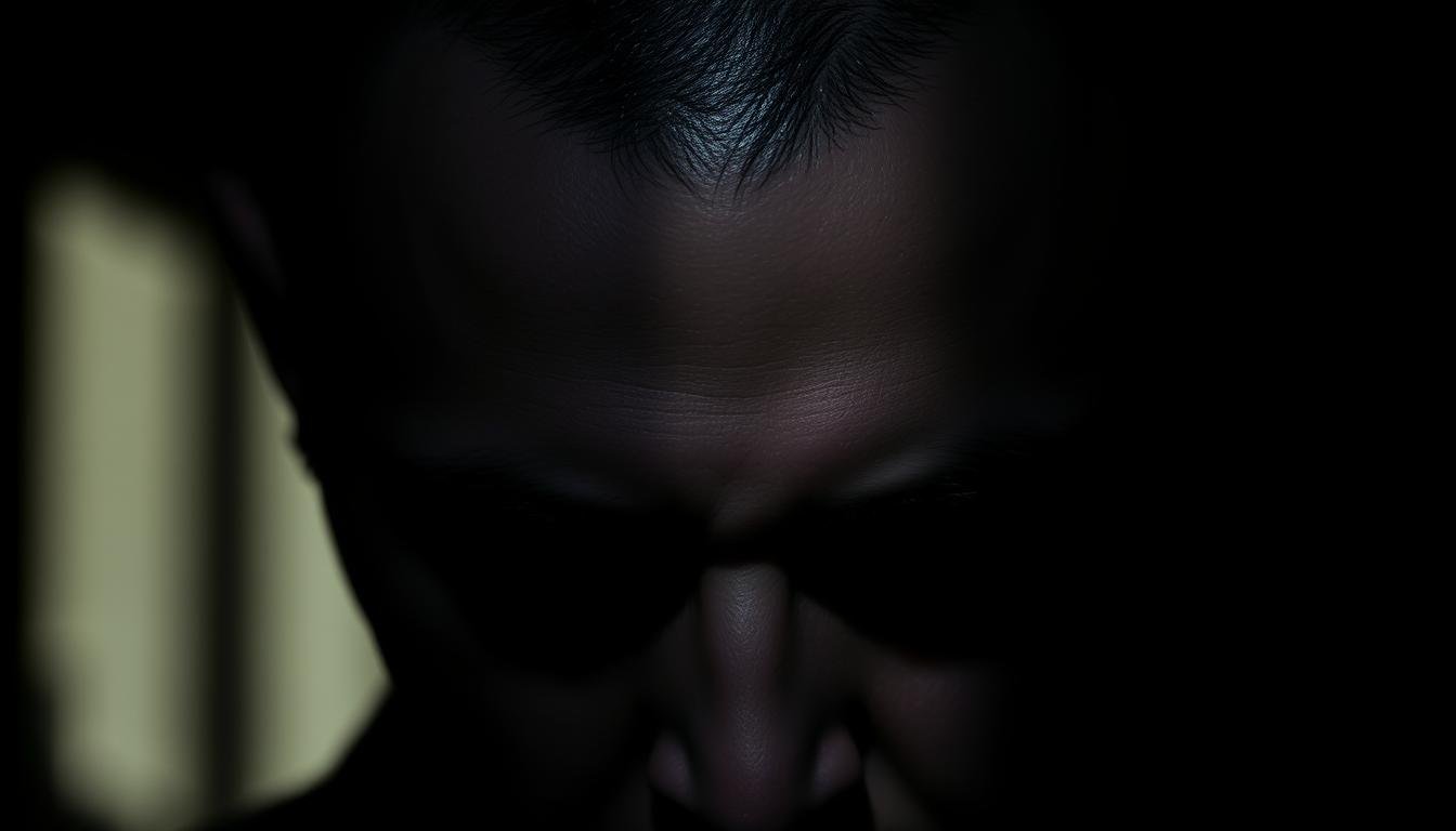 A dramatic, high-contrast close-up portrait of a person's forehead, showcasing a prominent brow ridge and receding hairline to create a distinctive, sculptural silhouette. The lighting is dramatic, with strong directional shadows emphasizing the facial features and hollows. The background is blurred and indistinct, keeping the focus solely on the subject's striking physiognomy. The overall mood is introspective and contemplative, hinting at the subject's character and personality through their facial structure. The image should convey a sense of visual fascination and subtle unease, drawing the viewer in to ponder the meaning and implications of the pronounced brow ridge.