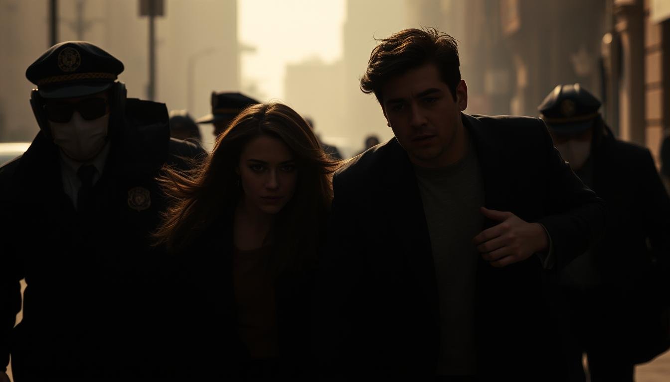 A dramatic scene unfolds as a man and woman, caught in a compromising embrace, flee from authorities. The couple's faces are obscured, their body language conveying a sense of urgency and desperation. Shadows and chiaroscuro lighting create a moody, cinematic atmosphere, enhancing the feeling of tension and impending consequences. The background is hazy, with blurred urban elements suggesting a sense of disorientation and the fugitives' precarious situation. An air of mystery and the foreboding of a deeper, unseen narrative add to the intrigue of this captivating moment, reflecting the complexities of the "Mysterious Phenomenon of Caught Lovers" as explored in the article.