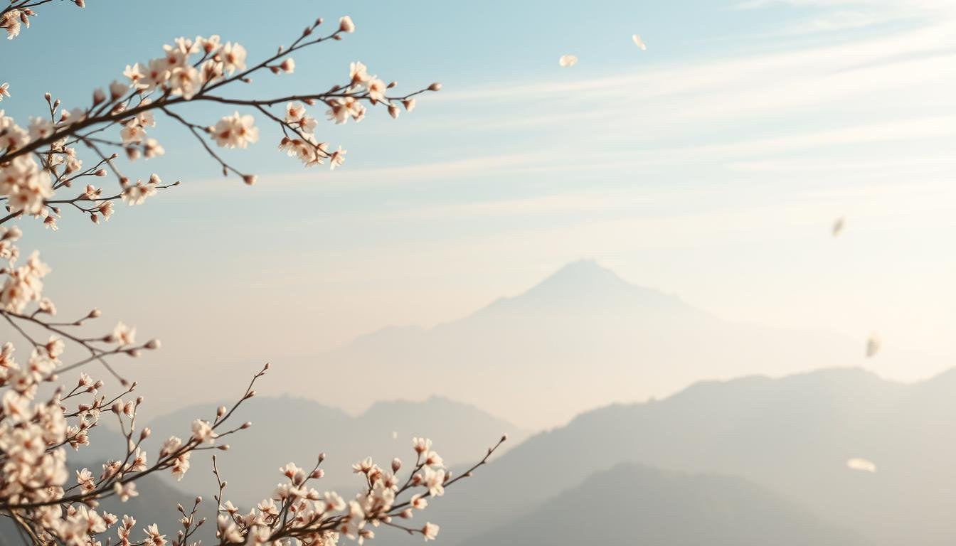 A dreamy, ethereal landscape inspired by the poems of Li Bai, the legendary Tang dynasty poet. In the foreground, delicate cherry blossoms sway in a gentle breeze, their petals drifting through the air. A misty mountain range rises in the middle distance, its peaks shrouded in wisps of cloud. The sky above is a hazy, indistinct blue, suffused with a soft, golden light that casts a serene, contemplative mood. The overall scene evokes a sense of timeless beauty and the profound, esoteric wisdom found within the rhythmic verses of Li Bai's poetic works. A Zen-like tranquility pervades the landscape, inviting the viewer to meditate on the philosophical and metaphysical themes that underlie the poet's celebrated oeuvre.