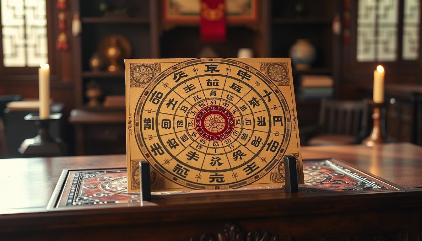 A finely detailed image of a traditional Chinese "Ba Zi" or "Eight Trigrams" astrological chart or "Ming Pan" displayed on an ornate wooden table. The chart features intricate symbols, numerals, and celestial elements in a harmonious layout. Soft, warm lighting illuminates the scene, creating a sense of mysticism and contemplation. The background is subtly blurred, keeping the focus on the mesmerizing divination diagram. The overall atmosphere evokes a scholarly study or a spiritual sanctuary, inviting the viewer to delve into the profound insights of this ancient Chinese system of personal analysis.